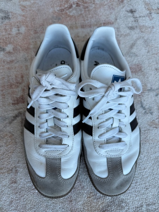 adidas Shoes - Adidas Samba White Sneakers with Black Stripes and Gray Suede Toe
